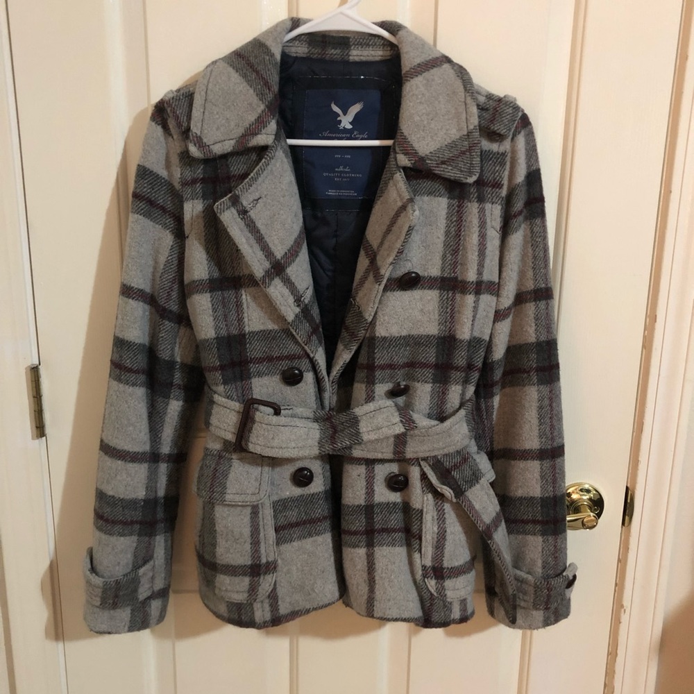 American Eagle Coat, gray/red/maroon, size M